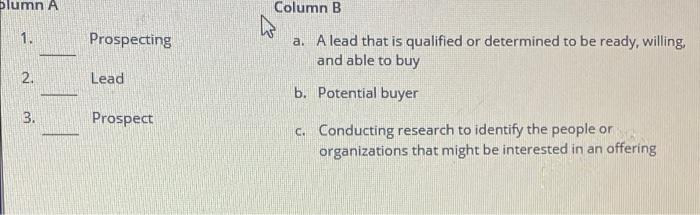 plumn A Column B w 1. Prospecting a. A lead that