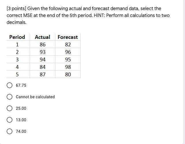 [4 points] Given the following actual and