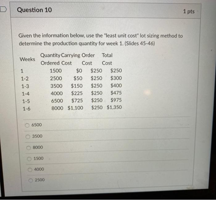 Question 10 1 pts Given the information below,