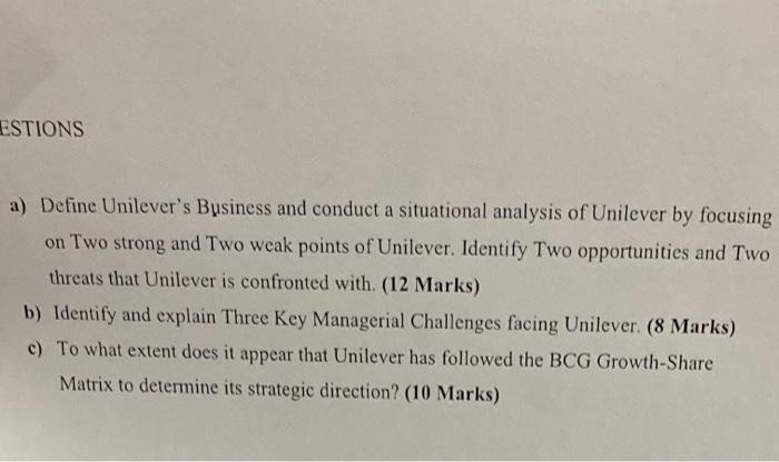 ESTIONS a) Define Unilever's Business and conduct