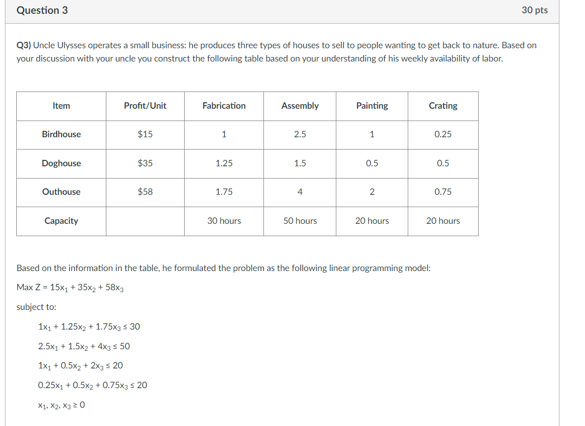 Question 3 30 pts Q3) Uncle Ulysses operates a