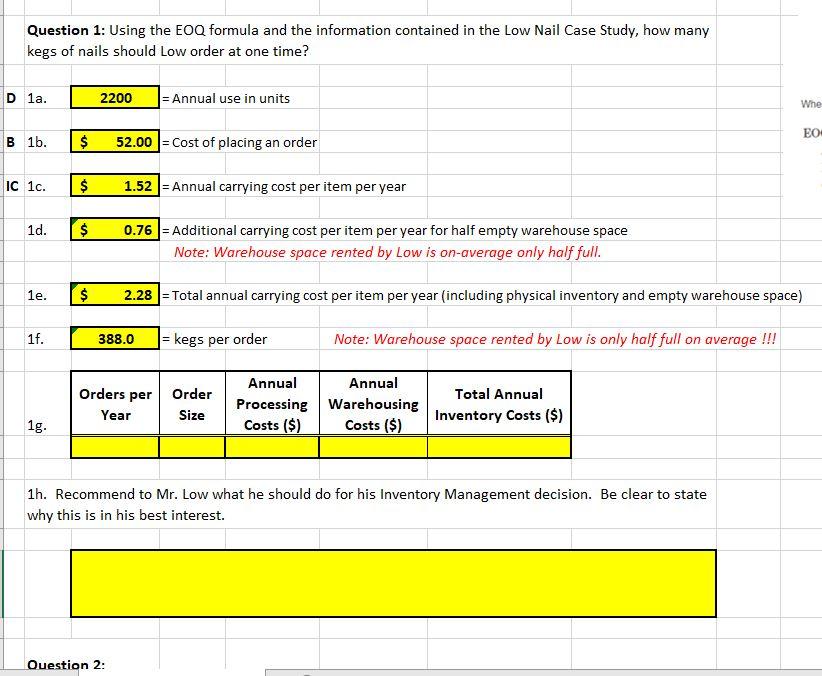 Please help with Answer 1g. After making some