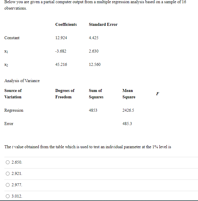 Below you are given a partial computer output