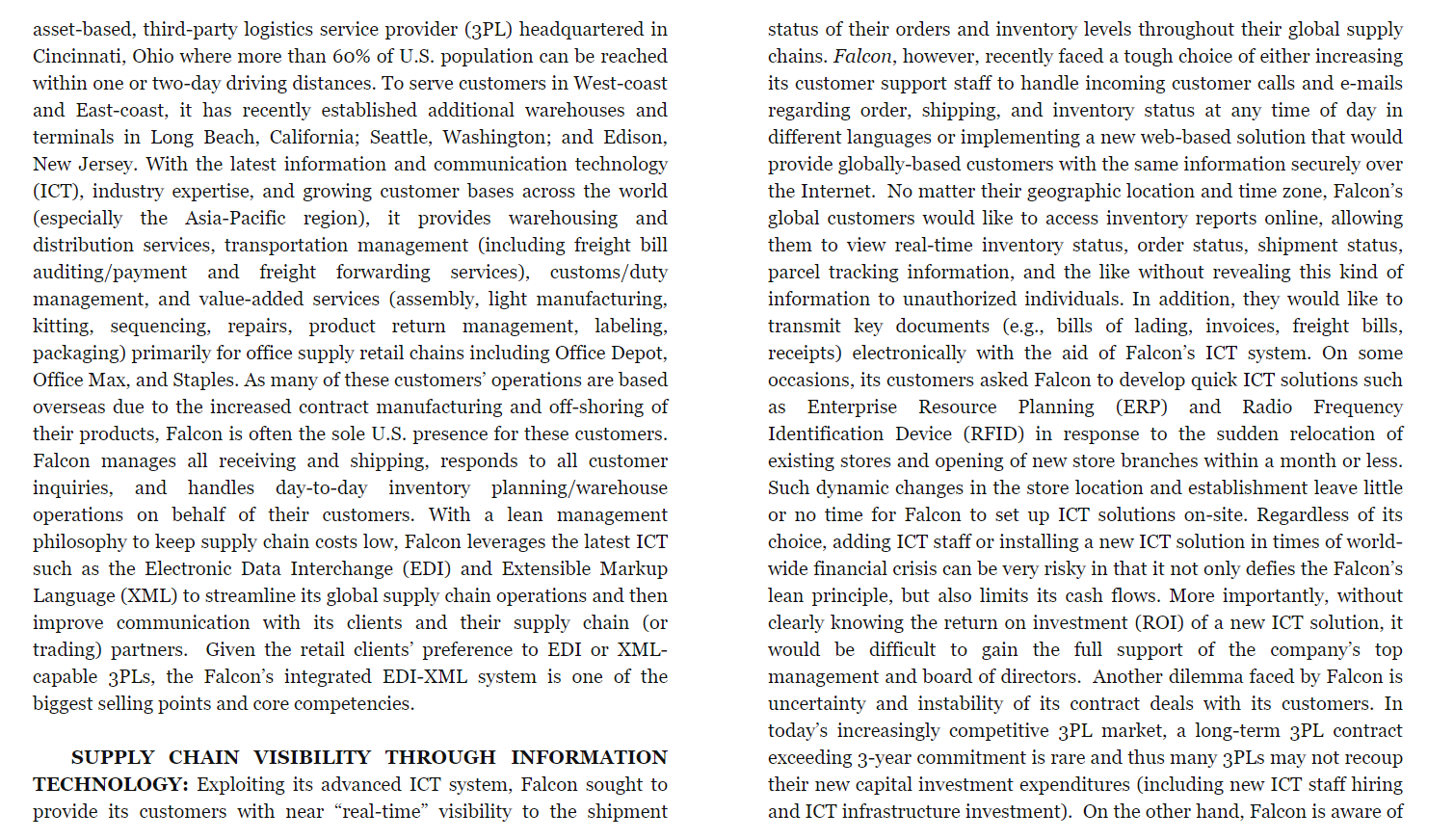 Case: Falcon Supply Chain Solutions This case is