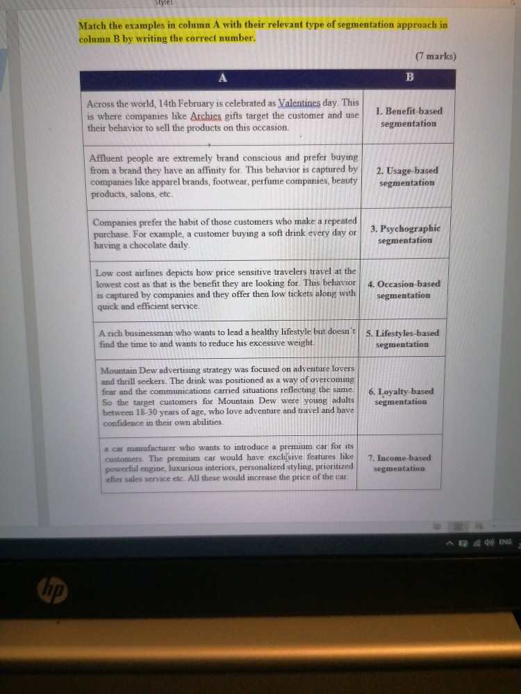 Match the examples in column A with their