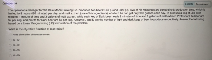 Question 16 2 points Save Answer The operations