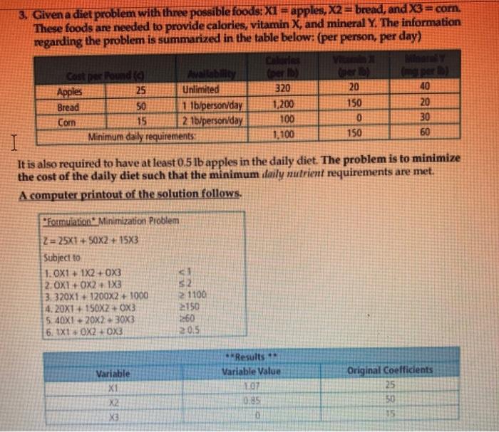 3. Given a diet problem with three possible