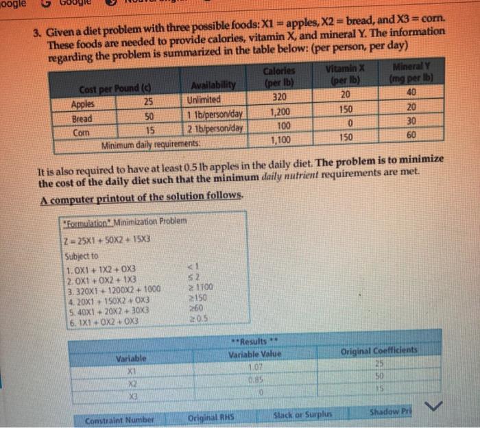 3. Given a diet problem with three possible