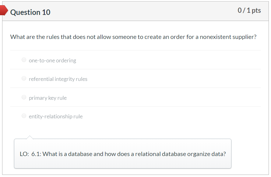 Question 10 0/1 pts What are the rules that does