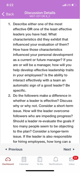 8:22 ill LE < Back Discussion Details MGT-201 DB