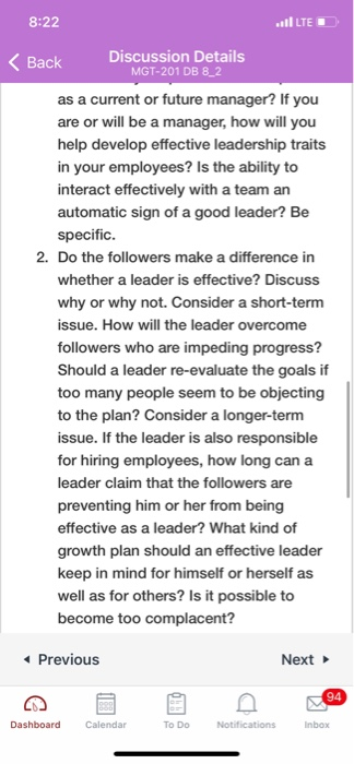 8:22 ill LE < Back Discussion Details MGT-201 DB