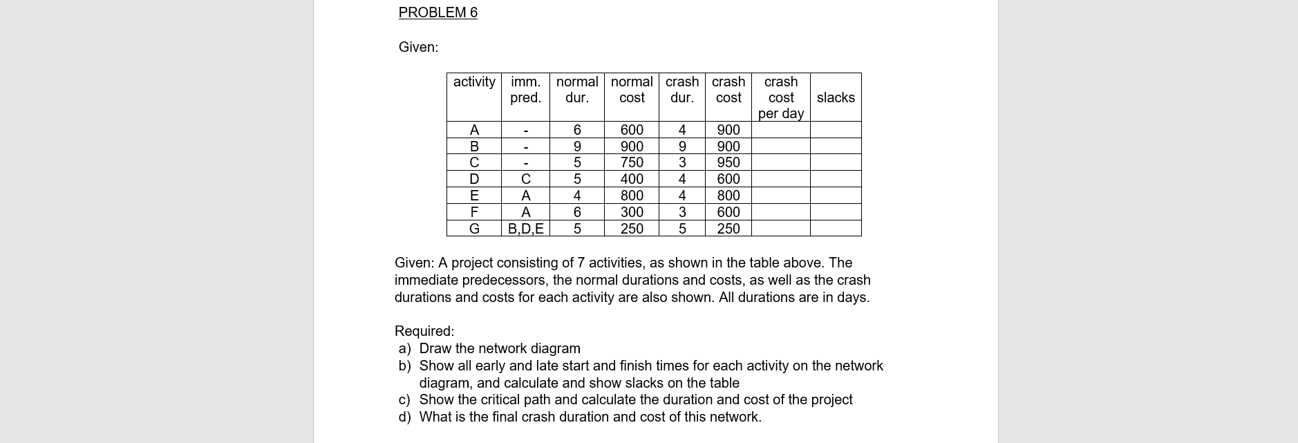 PROBLEM 6 Given: activity imm. pred. normal