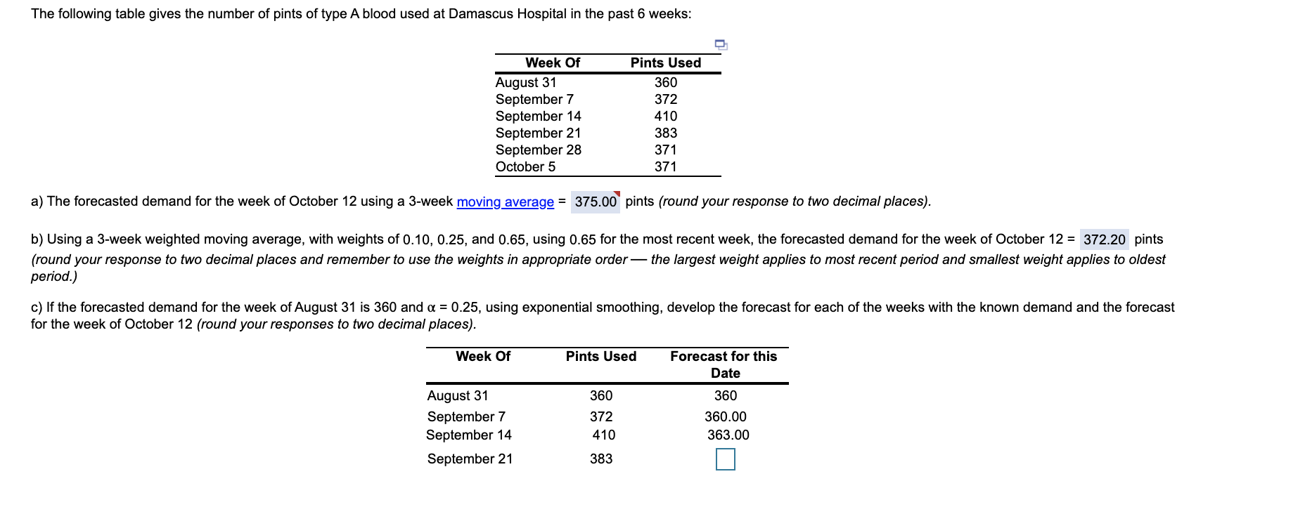 Please view the following image. Answer part c. and finish the chart.