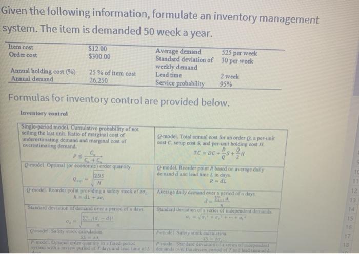 Given the following information, formulate an