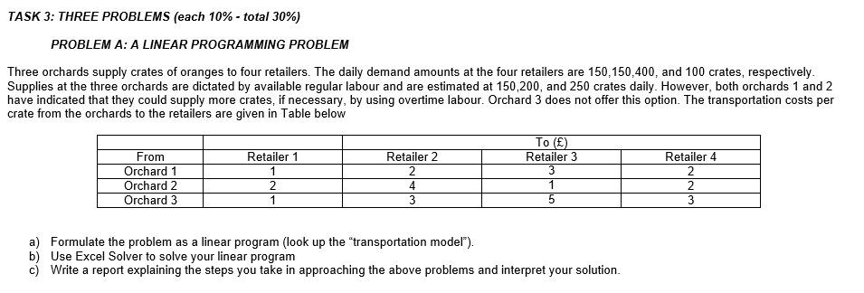 TASK 3: THREE PROBLEMS (each 10% - total 30%)