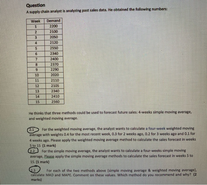 Question A supply chain analyst is analyzing past