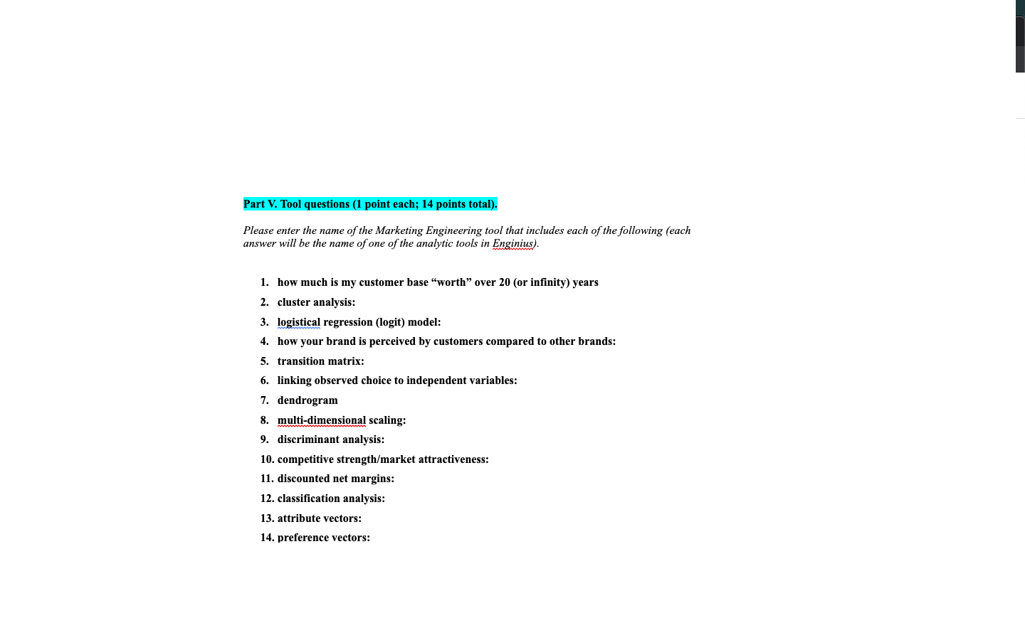 Part V. Tool questions (1 point each; 14 points