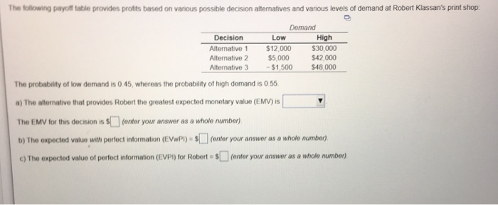 Low $5.000 $48.000 The following payoff table