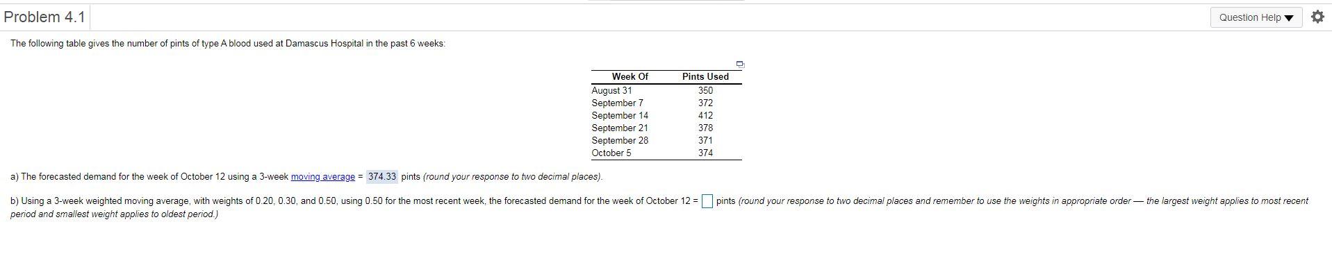 Problem 4.1 Question Help g The following table