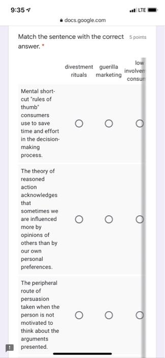 9:35 LTE .docs.google.com Match the sentence with
