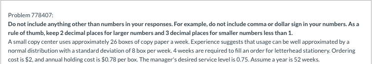 Problem 778407 Do not include anything other than