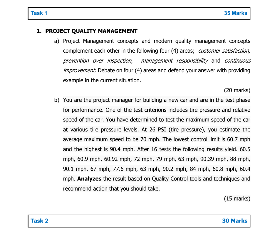 Task 1 35 Marks 1. PROJECT QUALITY MANAGEMENT a)