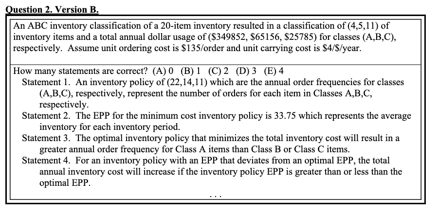 SUPPLY CHAIN MANAGEMENT Question 2. Version B. An