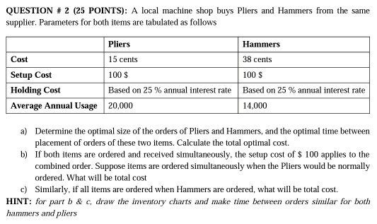 QUESTION # 2 (25 POINTS): A local machine shop