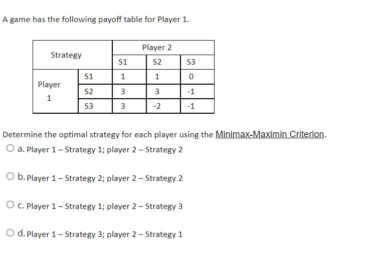 A game has the following payoff table for Player