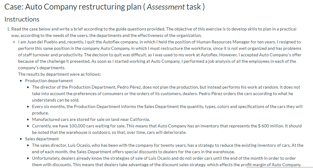 Case: Auto Company restructuring plan (Assessment