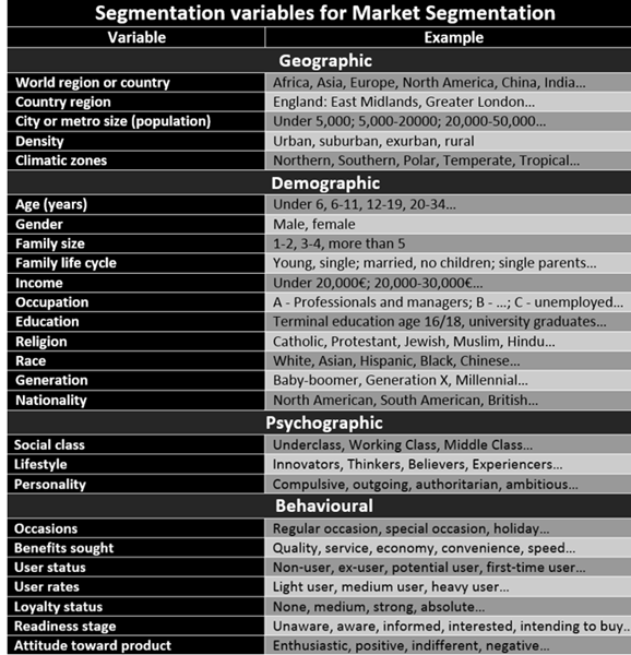 Using the segmentation variables shown in the