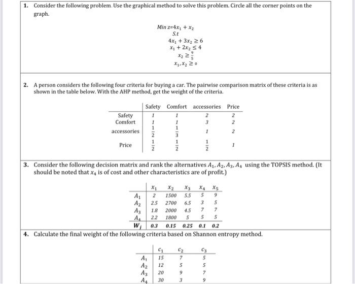 1. Consider the following problem. Use the