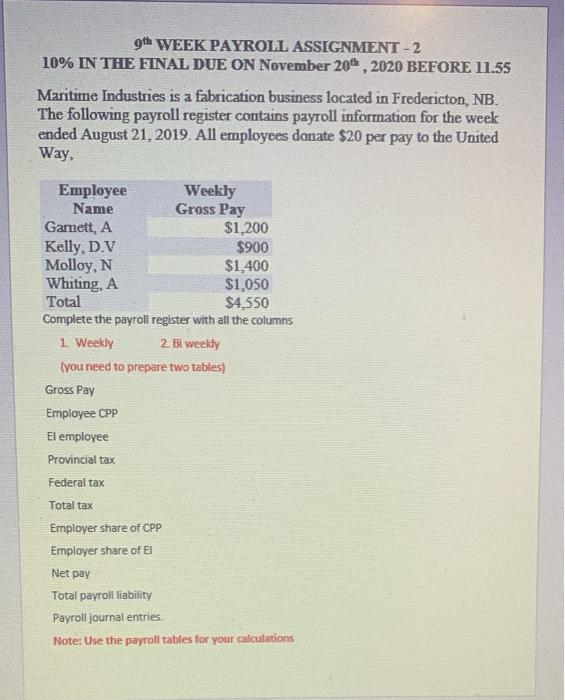 gth WEEK PAYROLL ASSIGNMENT -2 10% IN THE FINAL