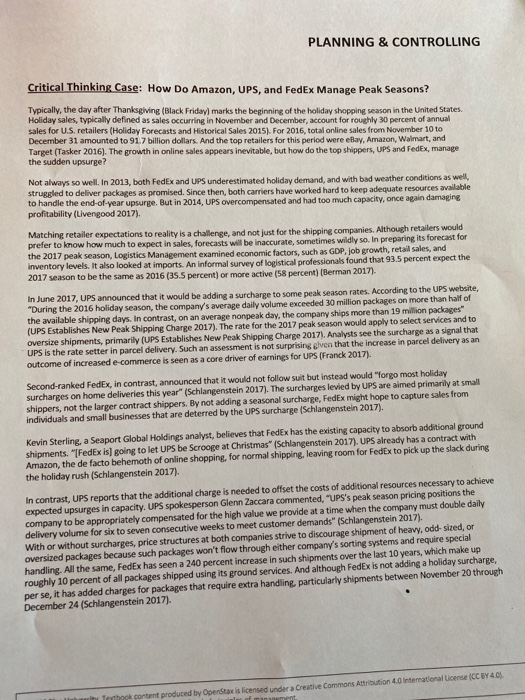 PLANNING & CONTROLLING Critical Thinking Case: