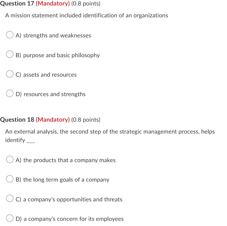 Question 17 (Mandatory) (0.8 points) A mission