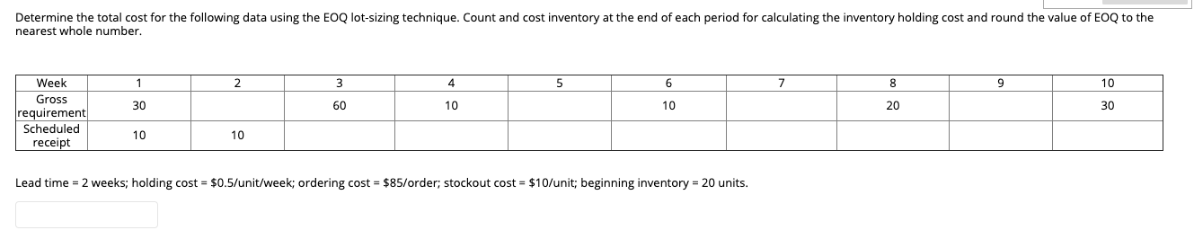 Determine the total cost for the following data