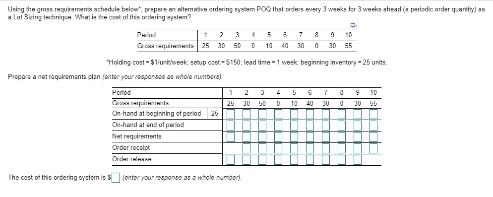 Using the gross requirements schedule below*,