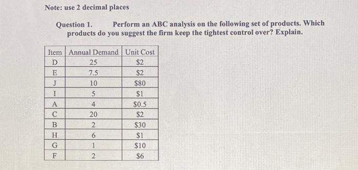 Note: use 2 decimal places Question 1. Perform an