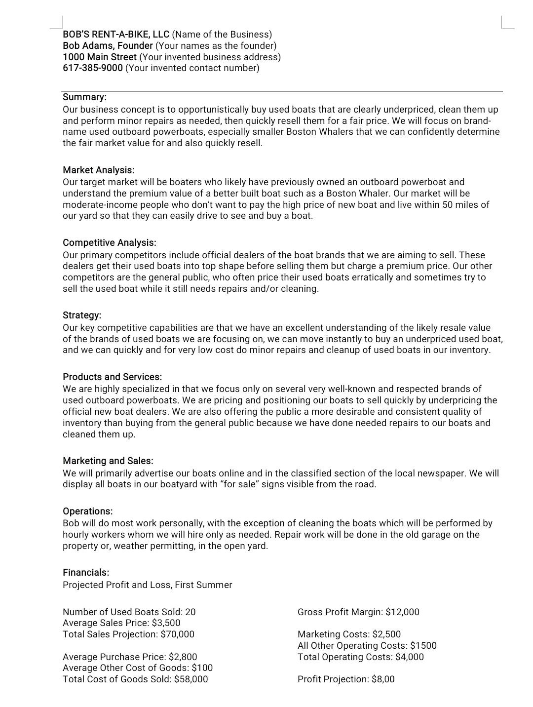 create a ONE PAGE business plan about hardware