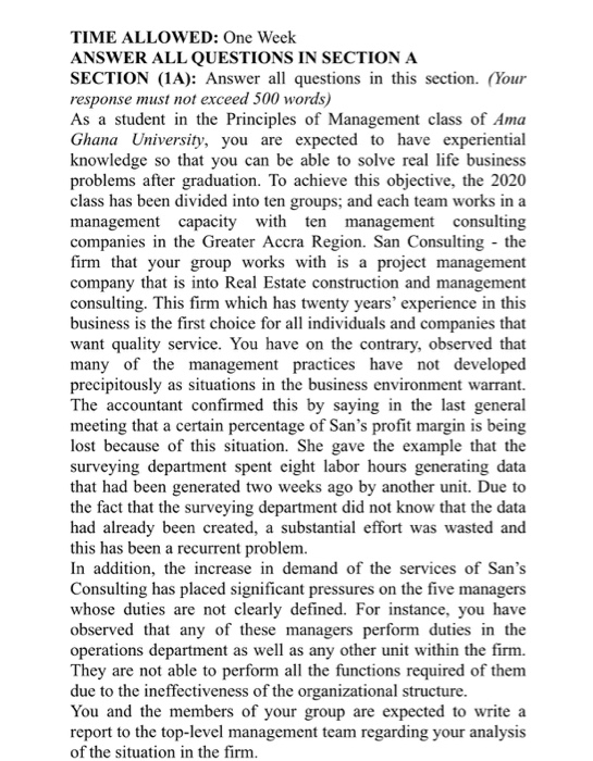 TIME ALLOWED: One Week ANSWER ALL QUESTIONS IN