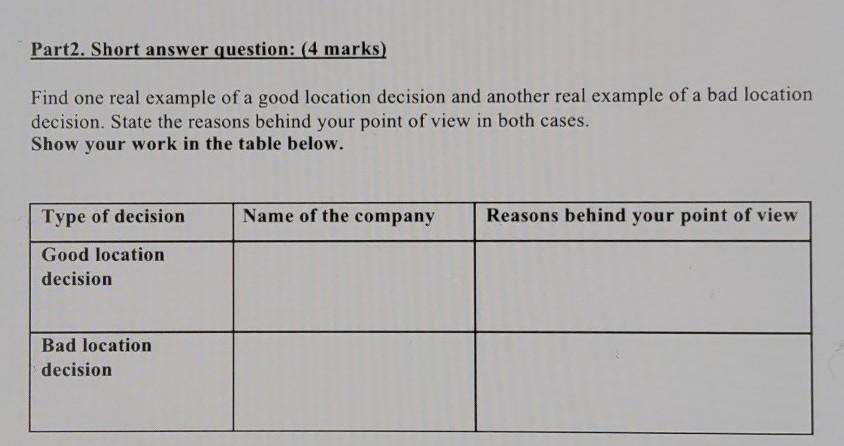 Part2. Short answer question: (4 marks) Find one