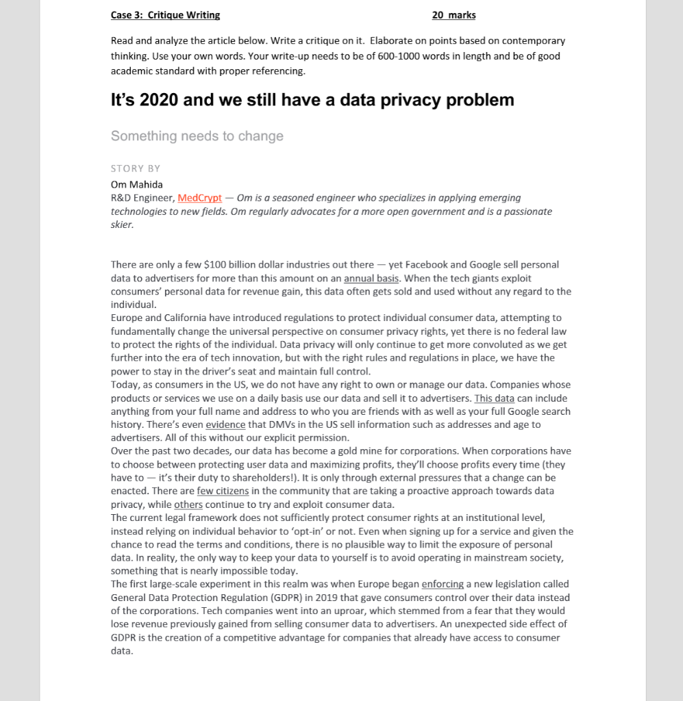 Case 3: Critique Writing 20 marks Read and