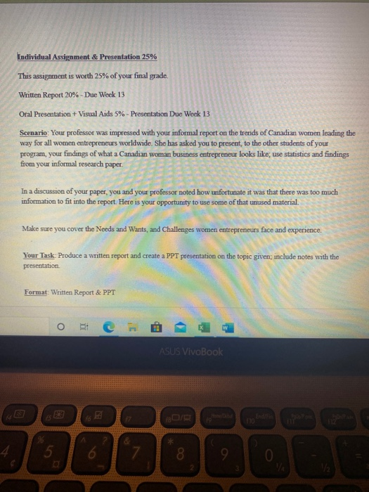 Individual Assignment & Presentation 25% This