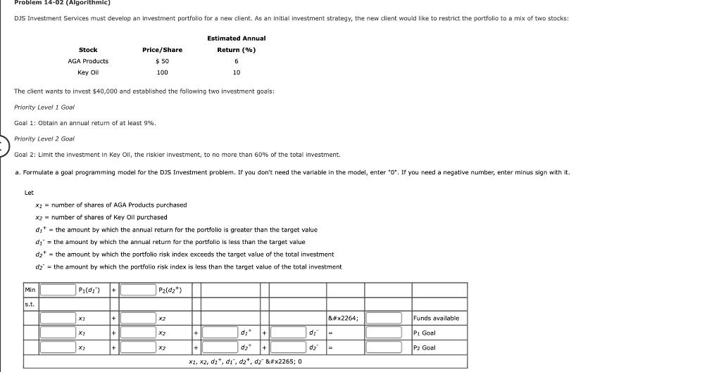 Problem 14-02 (Algorithmic) DJS Investment
