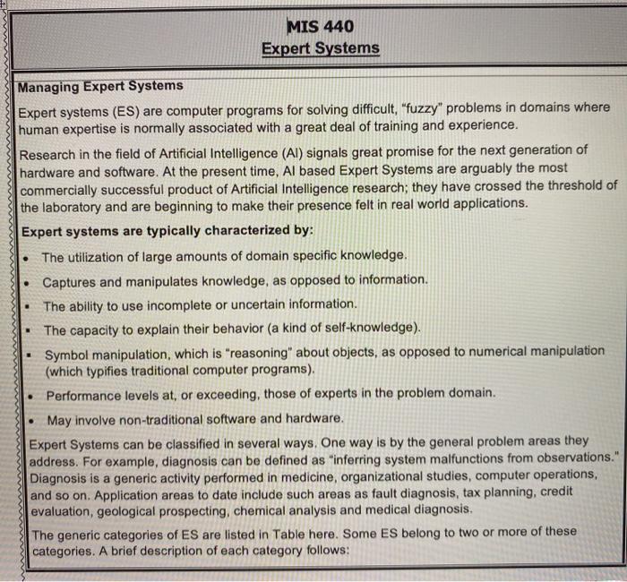 MIS 440 Expert Systems Managing Expert Systems
