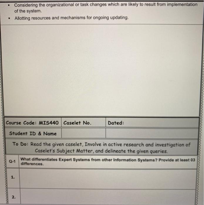 MIS 440 Expert Systems Managing Expert Systems