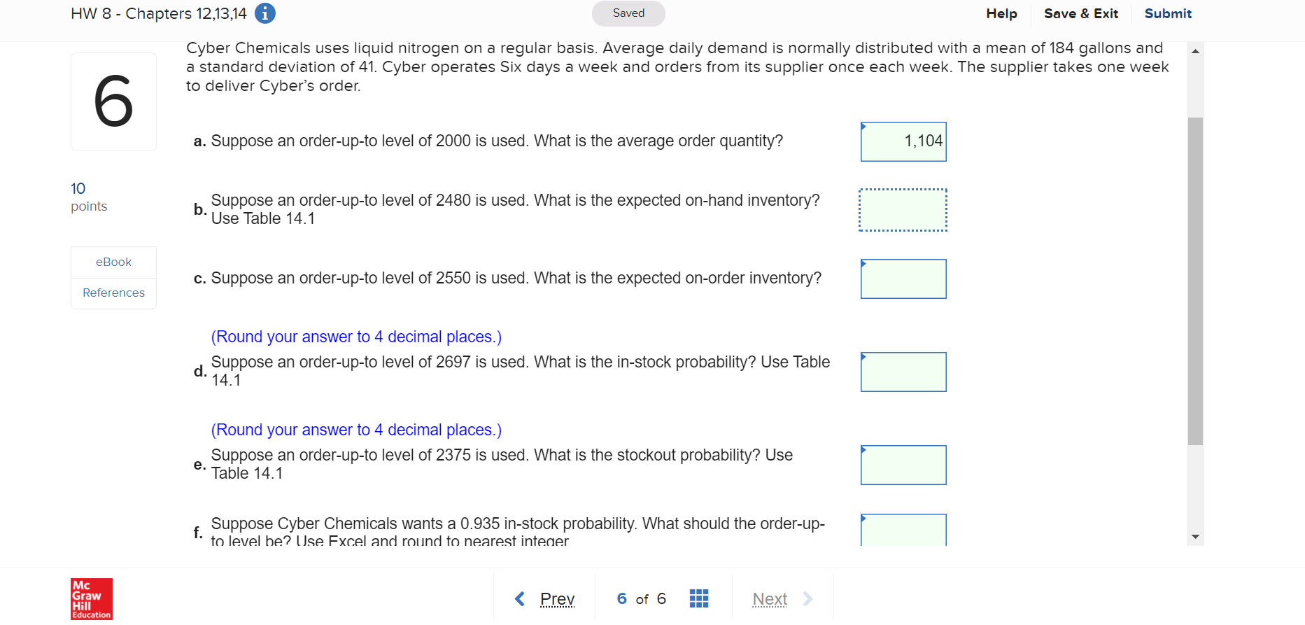 HW 8 - Chapters 12,13,14 Saved Help Save & Exit