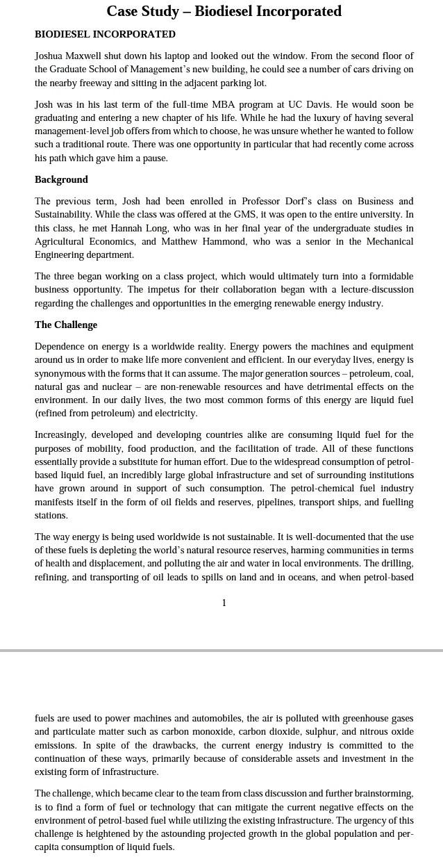 1 2 3 4 Case Study - Biodiesel Incorporated
