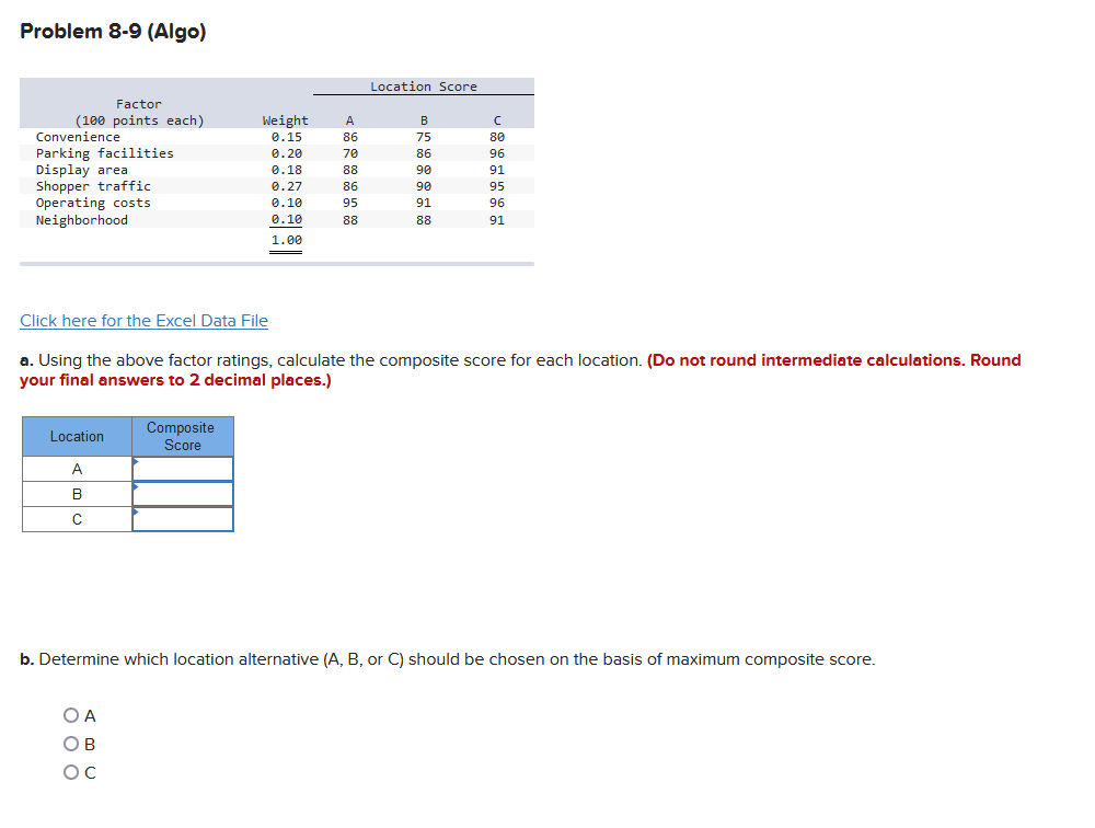 Problem 8-9 (Algo) Click here for the Excel Data