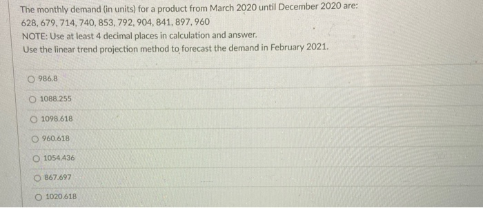The monthly demand (in units) for a product from
